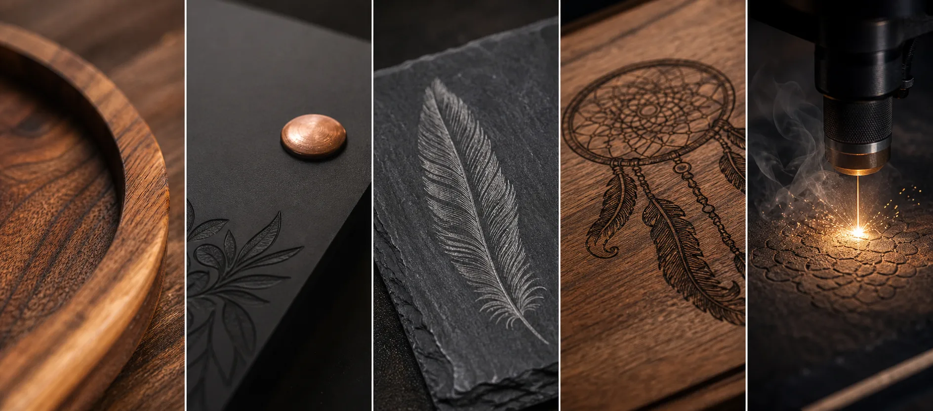 Vijf close-ups van hout, metaal, leisteen, lasergravure en het laserproces